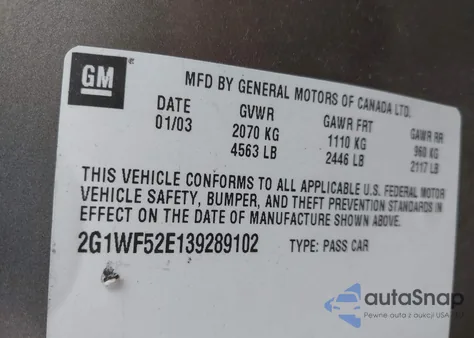 2003 Chevrolet Impala из США, поврежденный, VIN 2G1WF52E139289102